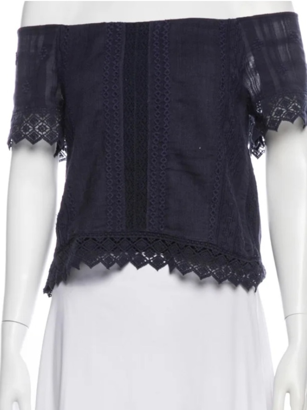 Alice + Olivia Navy Off-Shoulder Lace Blouse